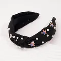 Wide black knot headband with white pearls and American flag star charms on white base - Black Star
