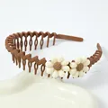 Brown anti-slip wavy headband for girls with cute white daisy flower accents - Khaki Sunflower