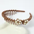 Brown matte non-slip headband for girls with cute floral decorations and wavy teeth - Khaki Flowers