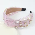 Pink mesh headband with sparkling sequins and large crystal rhinestones for hair accessory - Pink