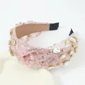 Sparkly pink headband with sequins, rhinestones, and mesh knot for women - Lotus root pink