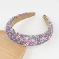 Dettaglio di perline colorate e paillettes a faccina su cerchietto imbottito - Grigio