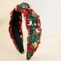 Detailed close-up of plaid Christmas headband with rhinestones and Santa charms - Red & Green Plaid Christmas Tree