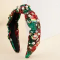 Detail of red and green plaid Christmas headband with rhinestones, pearls and Santa charm - Green Snowflake Plaid