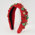 Christmas red knotted headband with festive colorful pearls and gold gift flower charms - Red