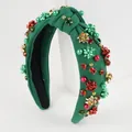 Knotted forest green velvet headband with festive red and green rhinestones and bows - Green
