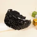 Detail of wide sequined headband with black sequins and polka dot fabric lining - Black