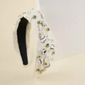 Cream knotted headband with baseball motifs, pearls, and crystals for sports fans - White