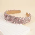 Detail of pink rhinestones and white pearls on wide headband with non-slip velvet lining - Pink