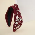 Knotted burgundy velvet headband with pearls, rhinestones and baseball motifs - Burgundy