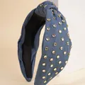 Detail of blue denim knotted headband with sparkling rhinestones in gold settings - Dark Blue