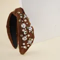 Brown baseball knotted headband with white pearls and sparkling rhinestones - Brown
