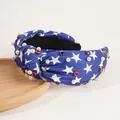 Navy blue knotted headband with white stars, pearls and rhinestones for 4th of July - Blue