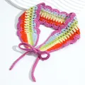 Handmade rainbow striped crochet headband with floral wavy edge and lace-up bow tie - Multicolor Purple