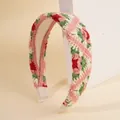 Böhmisches Strickstirnband mit rosa-grünem Häkelblumenmuster auf cremefarbenem Grund - Rosa