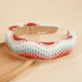 Knitted bohemian headband with colorful wavy crochet pattern and brown velvet lining - Brown and Blue