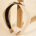 Bohemian twisted headband in champagne gold woven satin fabric with tortoiseshell ring - Beige