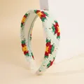 Böhmisches Strick-Stirnband mit bunten Häkelblumenmustern in Blau und Rot - Rot & Grün