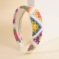 Böhmisches buntes Strickstirnband mit handgefertigtem Häkelblumenmuster und breitem Band - Gelb & Grün