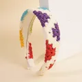 Böhmisches cremefarbenes Strickstirnband mit bunten Häkelblumen für Damen - Blauviolett