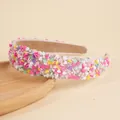 Pink fabric headband with colorful heart sequins, pearls and sparkling rhinestones - Heart Pink