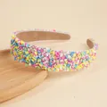 Candy colored wide headband with colorful heart sequins and pearls on beige base - Heart Yellow