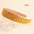 Detail of wide sparkling rhinestone headband with gold square crystals and pink lining - Gold