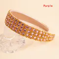 Close-up of wide headband featuring rows of purple square rhinestones on a gold base - Purple