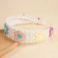 Handmade white crochet floral headband with colorful embroidery flowers and satin ends - Small Flower Style