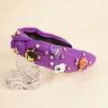 Halloween knot headband in purple fabric with pumpkin, ghost, and rhinestone accents - Purple
