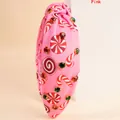 Rosa geknotetes Stoff-Stirnband mit Zuckerstangen-Mustern und bunten Strasssteinen - Rosa