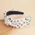 Diadema de nudo navideña de felpa blanca con pedrería y lentejuelas para celebraciones - Blanco