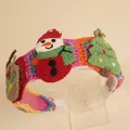 Handmade knitted Christmas headband featuring snowman and reindeer charms on colorful yarn - Snowman And Reindeer Style / Rose Red