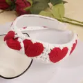 Knitted white headband with red heart patterns and soft inner lining for women - Red
