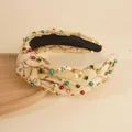 Diadema con nudo de terciopelo beige con pedrería, perlas y lentejuelas mujer - Beige