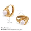 Gold stainless steel hoop earrings with 7.8mm imitation pearls in a twisted design - White Pearl Gold Hoop (EH1092WEG)