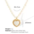 Freshwater pearl necklace with gold heart shell pendant and sparkling rhinestones - XL150 Heart White Shell / Gold Heart White Shell