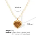 Freshwater pearl necklace with tiger eye heart pendant and sparkling rhinestones - XL150 Heart Brown Tiger Eye / Gold Heart Brown Tiger Eye