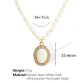 Freshwater pearl necklace with shell pendant and rhinestone details in stainless steel - XL151 Oval White Shell / Gold Oval White Shell