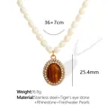 Freshwater pearl necklace with gold stainless steel tiger eye pendant and crystals - XL151 Oval Brown Tiger Eye / Gold Oval Brown Tiger Eye