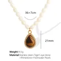 Collana di perle d'acqua dolce con ciondolo occhio di tigre in acciaio inossidabile - Oro Goccia d'Acqua Occhio di Tigre Marrone