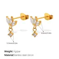 Golden stainless steel lotus earrings with zircon stones and chain in punk style - Lotus Shape Stud Earrings / EH1333WEG White Zircon Gold