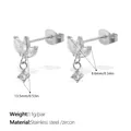 Silver stainless steel leaf earrings with zircon drops in a refined chain style - Lotus Shape Stud Earrings / EH1333WES White Zircon Silver