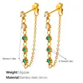Golden chain drop earrings with white and green zircons in polished stainless steel - Chain Drop Earrings / EH1334GWG Green White Zircon Gold