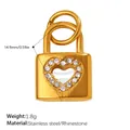Golden heart lock pendant in stainless steel with rhinestones and hollow star center - Hollow Heart Zirconia Lock (PJ2279WEG)