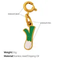 Cartoon style green onion charm with golden stainless steel base and enamel finish - Scallion Style (PJ1512GWGZBK)