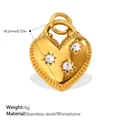 Golden heart lock pendant with sparkling star rhinestones and measurement details - Three Zirconia Heart Charm (PJ2281WEG)