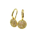 Detail view of round gold pave stud earrings with sparkling cubic zirconia crystals - Gold + Yellow Zircon