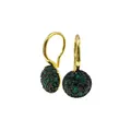 Detail view of gold drop earrings with micro-pave green and black gemstones - Gold + Green