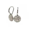 Close-up of silver drop earrings featuring a circular disc with pave set cubic zirconia stones - Silver + White